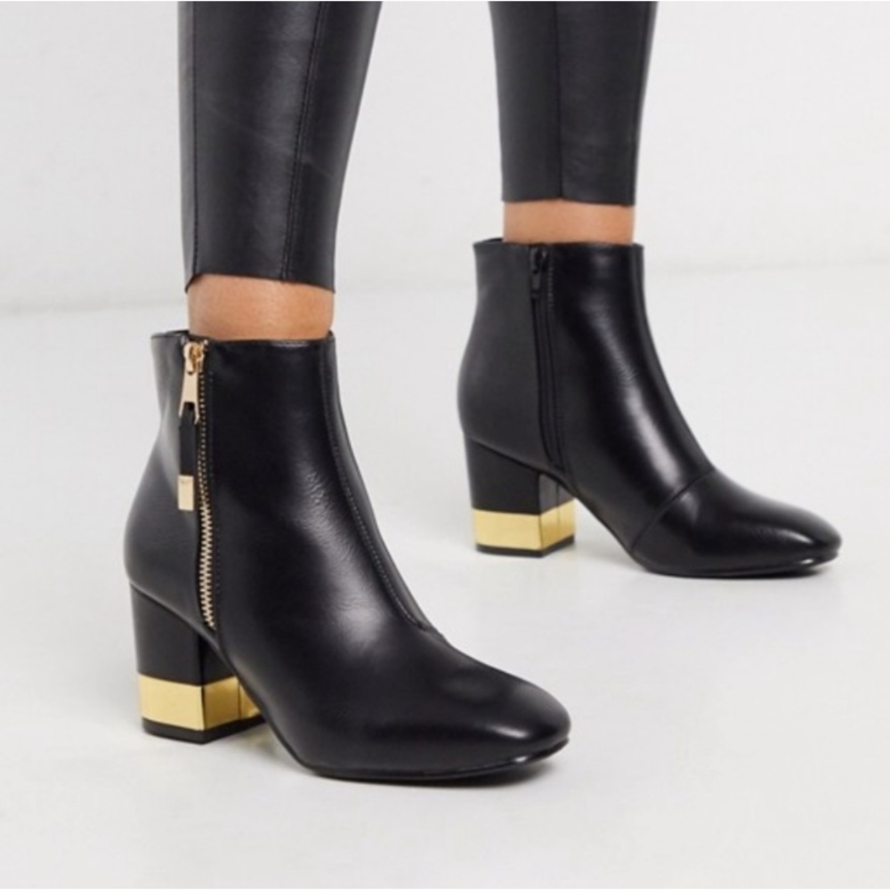 Vegan Leather Black Ankle Boots with Gold Details